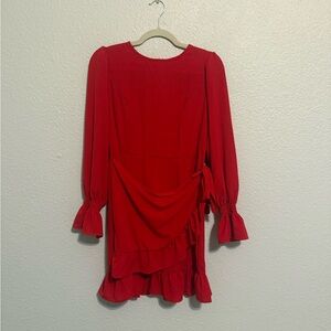 Red Long Sleeve Wrap Skirt Dress